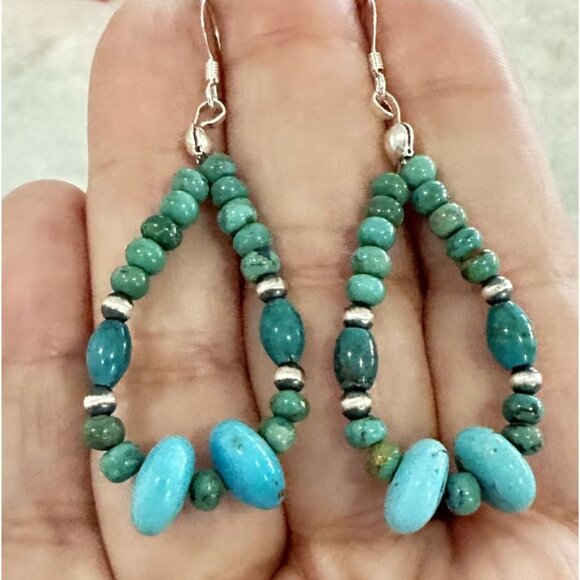 Handmade Native American Genuine Turquoise & 925 Silver Navajo Pearl Earrings - Picture 5 of 8